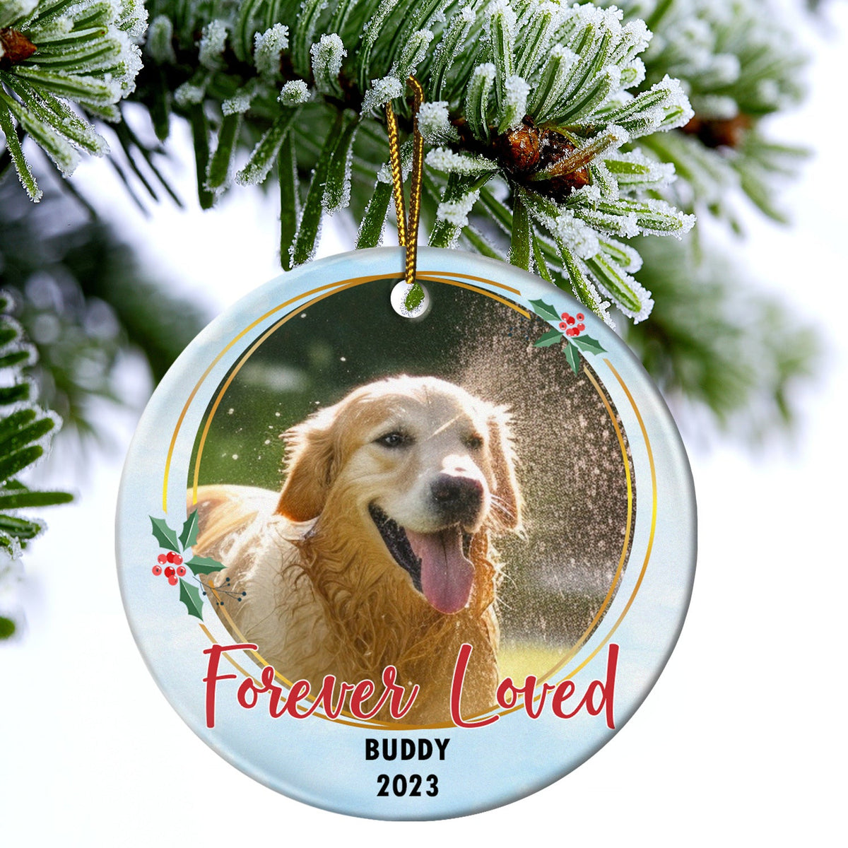 Custom Photo Forever Loved - Christmas Memorial Gift - Personalized Circle Ceramic Ornament