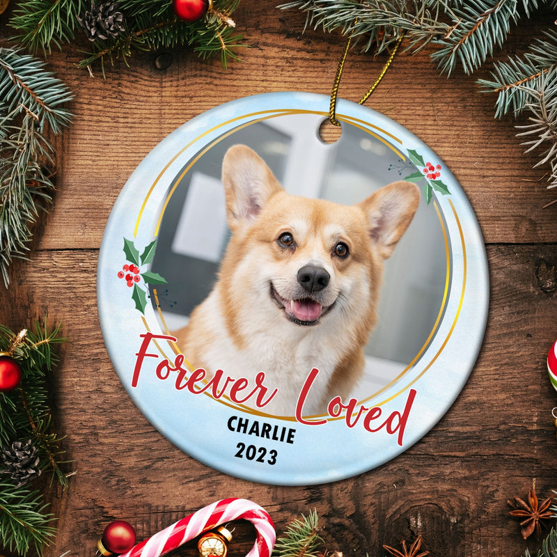 Custom Photo Forever Loved - Christmas Memorial Gift - Personalized Circle Ceramic Ornament