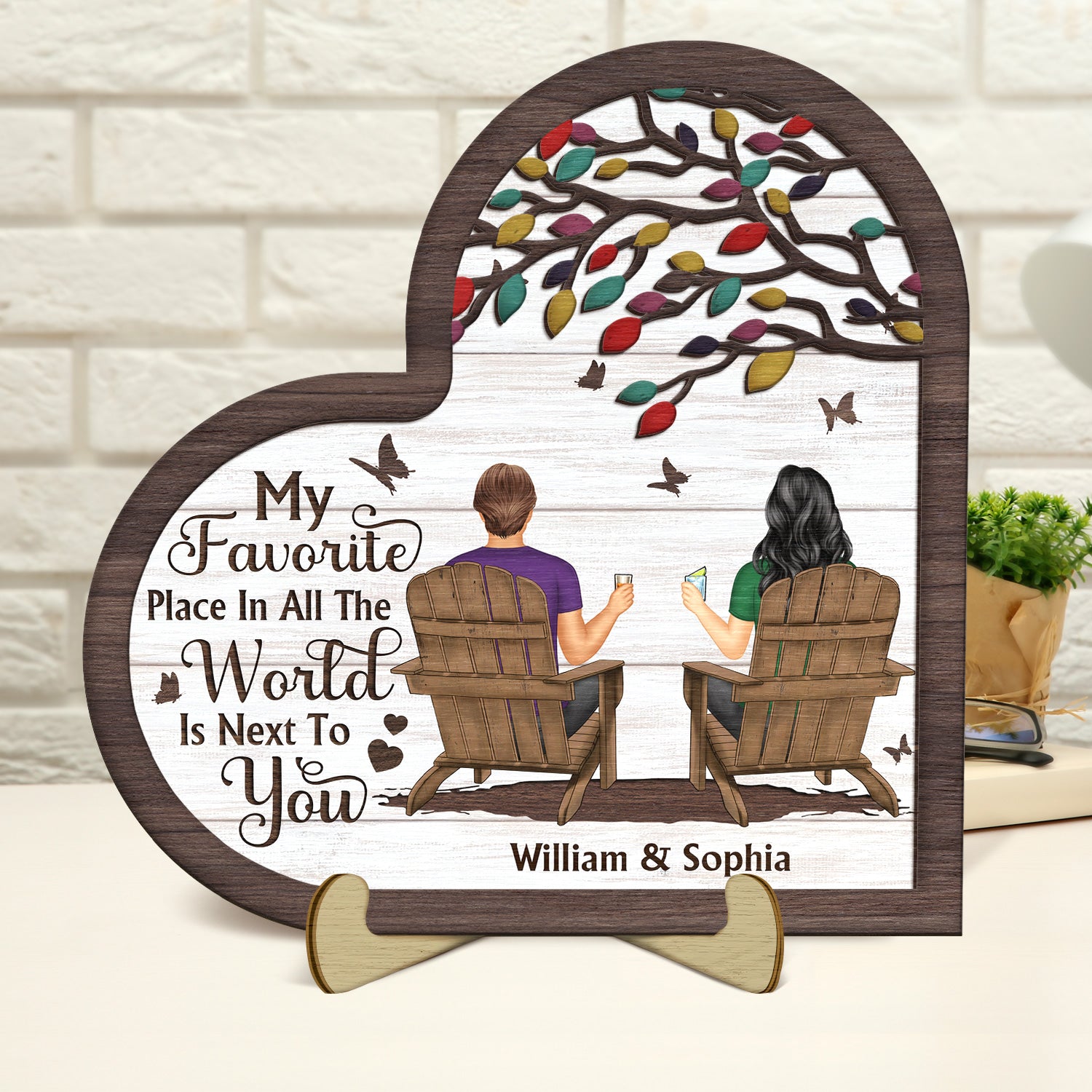 My Favourite Place In All The World - Gift For Couples - Personalized 2-Layered Wooden Plaque With Stand