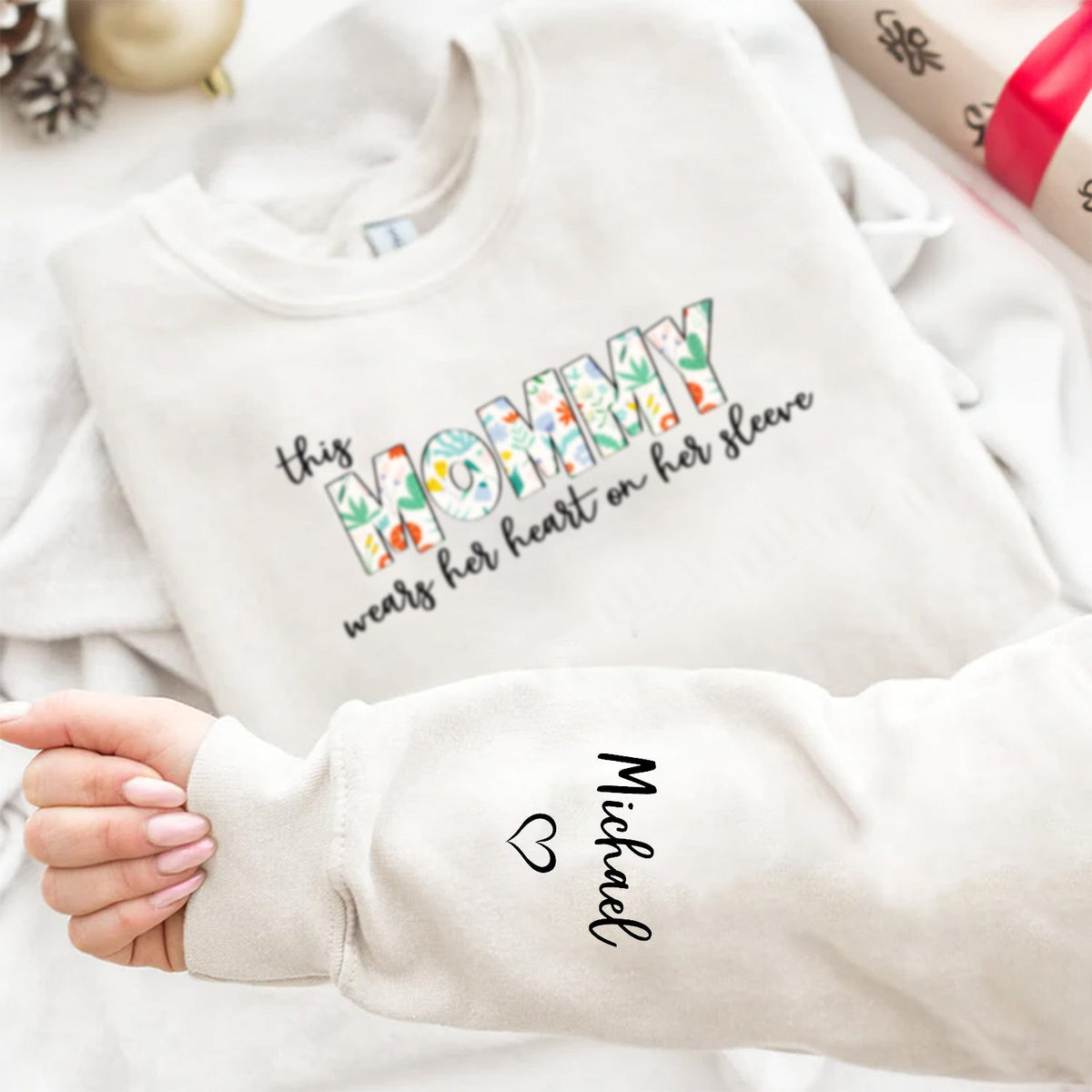 This Mama Wears Her Heart On Her Sleeve - Birthday, Loving Gift For Mom, Mother, Grandma, Grandmother - Personalized Sweatshirt With Sleeve Imprint