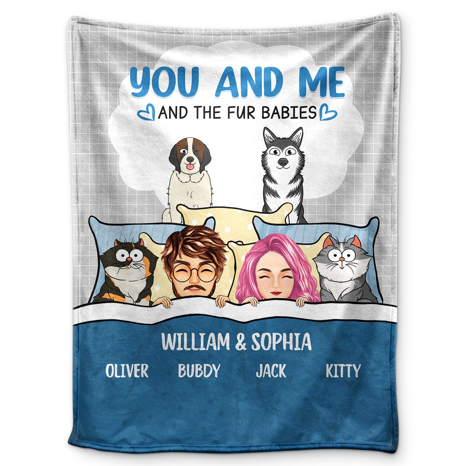 You And Me And The Fur Babies Cartoon - Gift For Pet Couples - Personalized Fleece Blanket, Sherpa Blanket