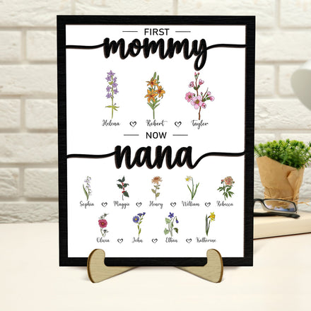 Première maman, maintenant grand-mère - Cadeau pour maman, grand-mère - Plaque en bois personnalisée à 2 couches avec support
