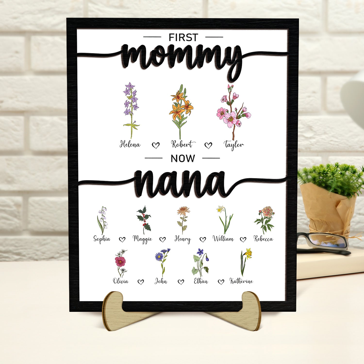First Mom Now Grandma - Gift For Mom, Grandma - Personalized 2-Layered Wooden Plaque With Stand