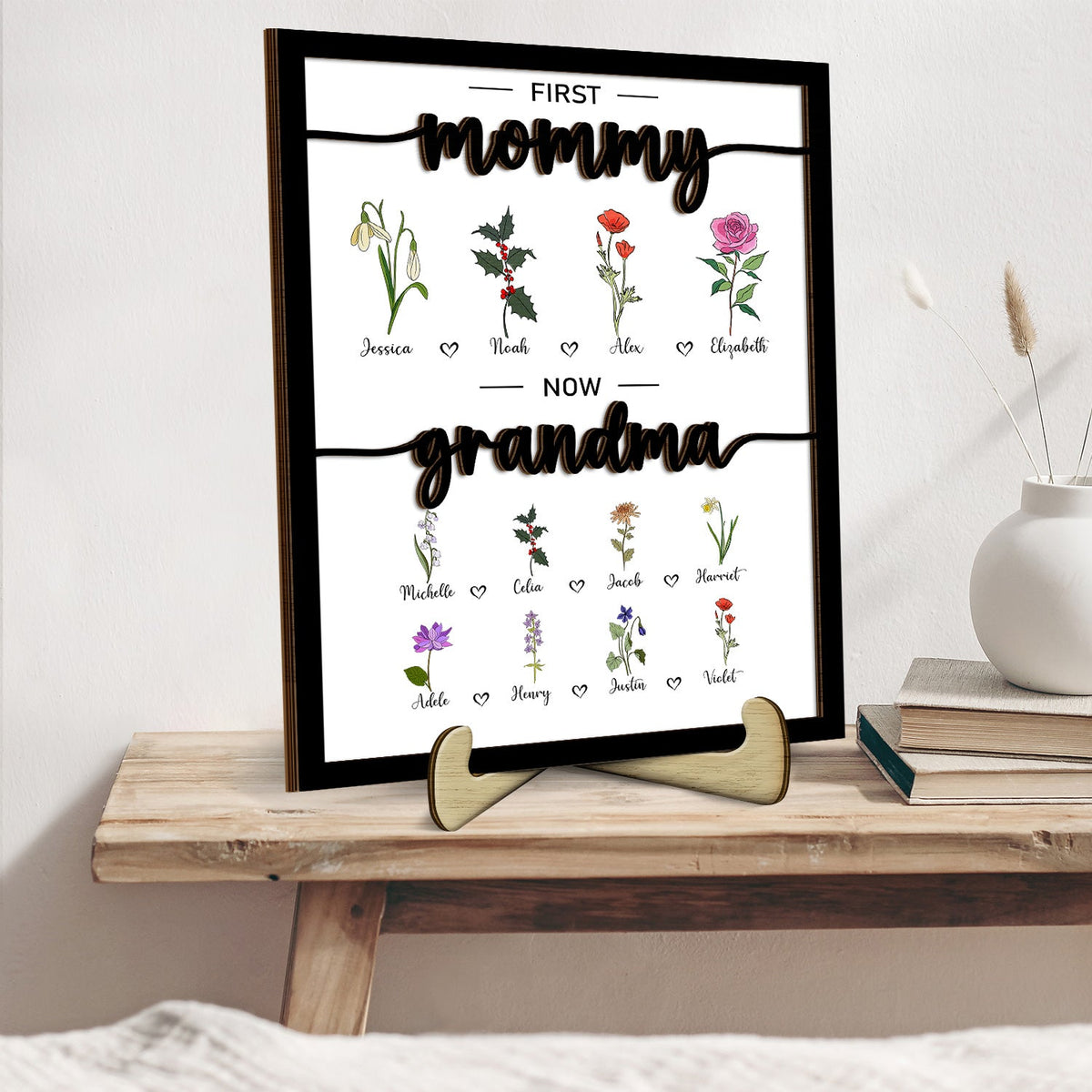 First Mom Now Grandma - Gift For Mom, Grandma - Personalized 2-Layered Wooden Plaque With Stand