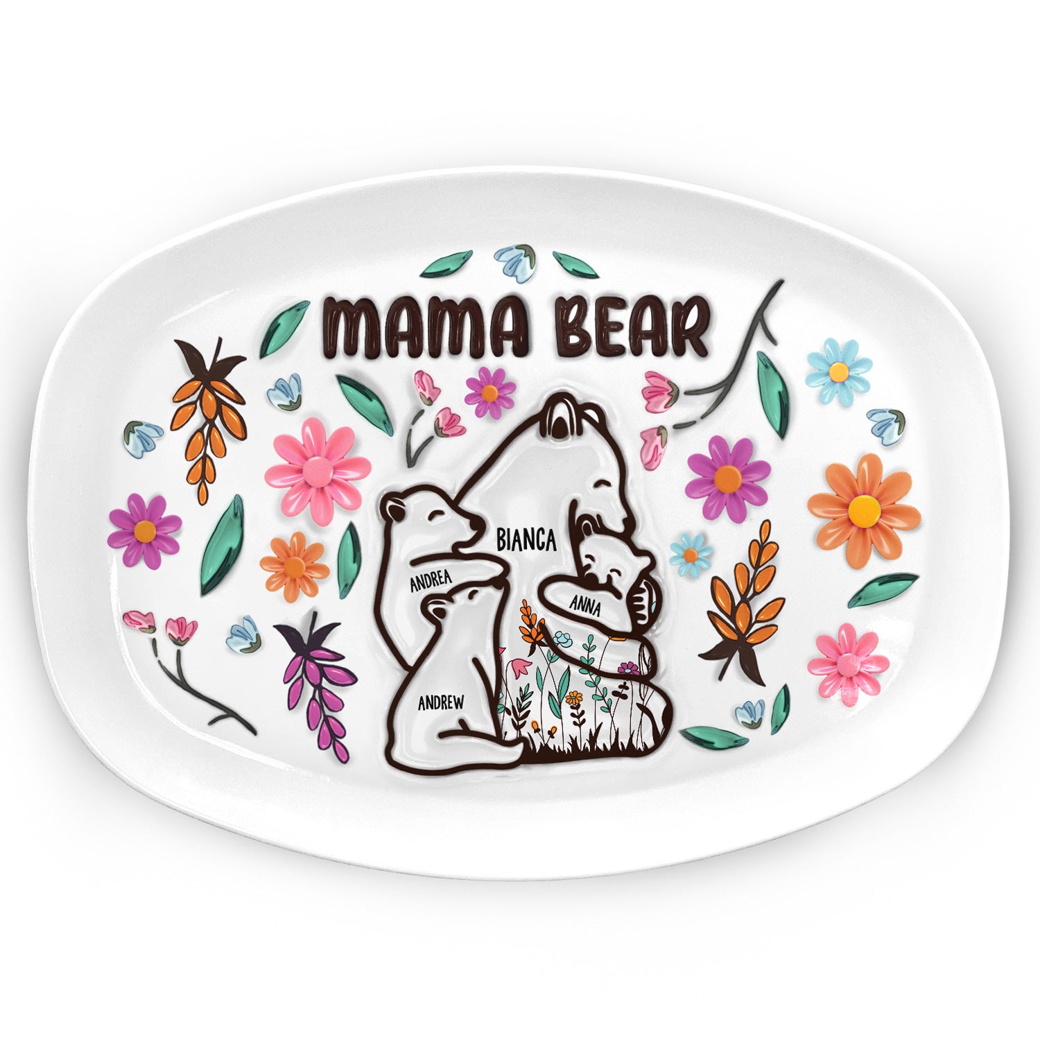 Mama Bear Floral Style - Birthday, Loving Gift For Mom, Mother, Grandma, Grandmother - 3D Inflated Effect Printed Personalized Plate