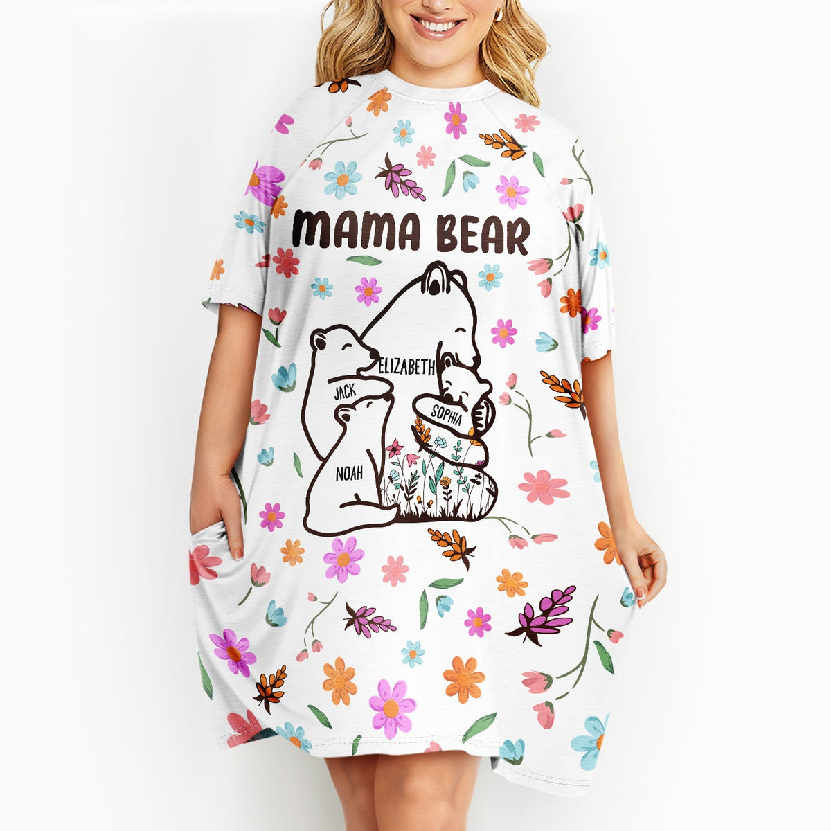T-shirt de nuit personnalisé pour femme « Mama Bear » à motif floral – Cadeau d'anniversaire ou d'amour pour maman, mère, grand-mère