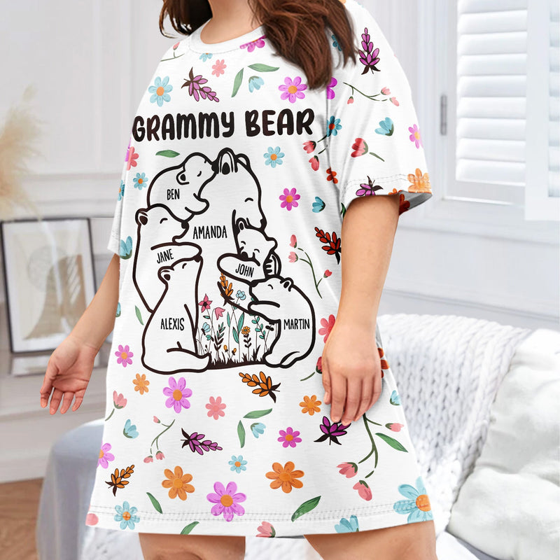 T-shirt de nuit personnalisé pour femme « Mama Bear » à motif floral – Cadeau d'anniversaire ou d'amour pour maman, mère, grand-mère
