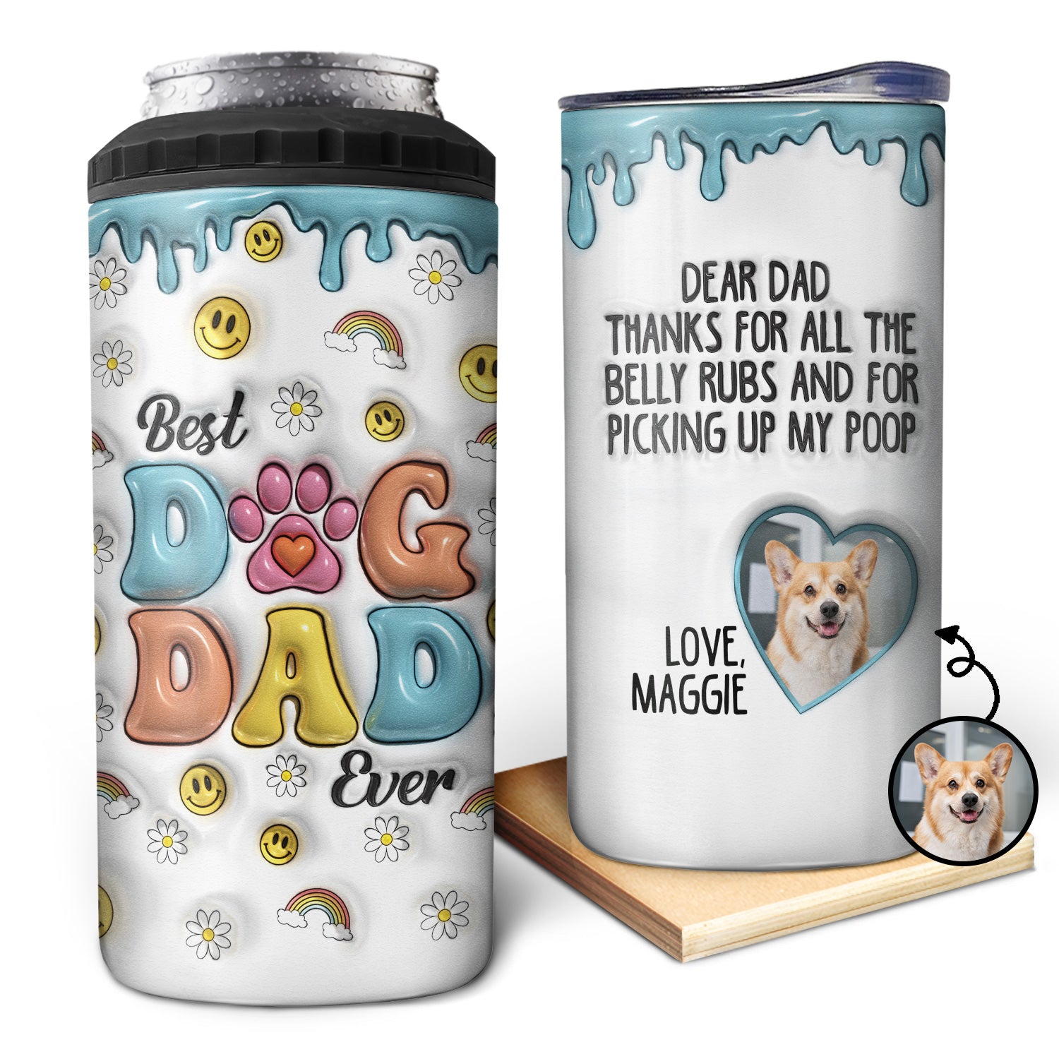 Custom Photo Thanks For All The Belly Rubs - Gift For Dog Dad, Dog Lovers - 3D Inflated Effect Printed 4 In 1 Can Cooler, Personalized 4 In 1 Can Cooler Tumbler
