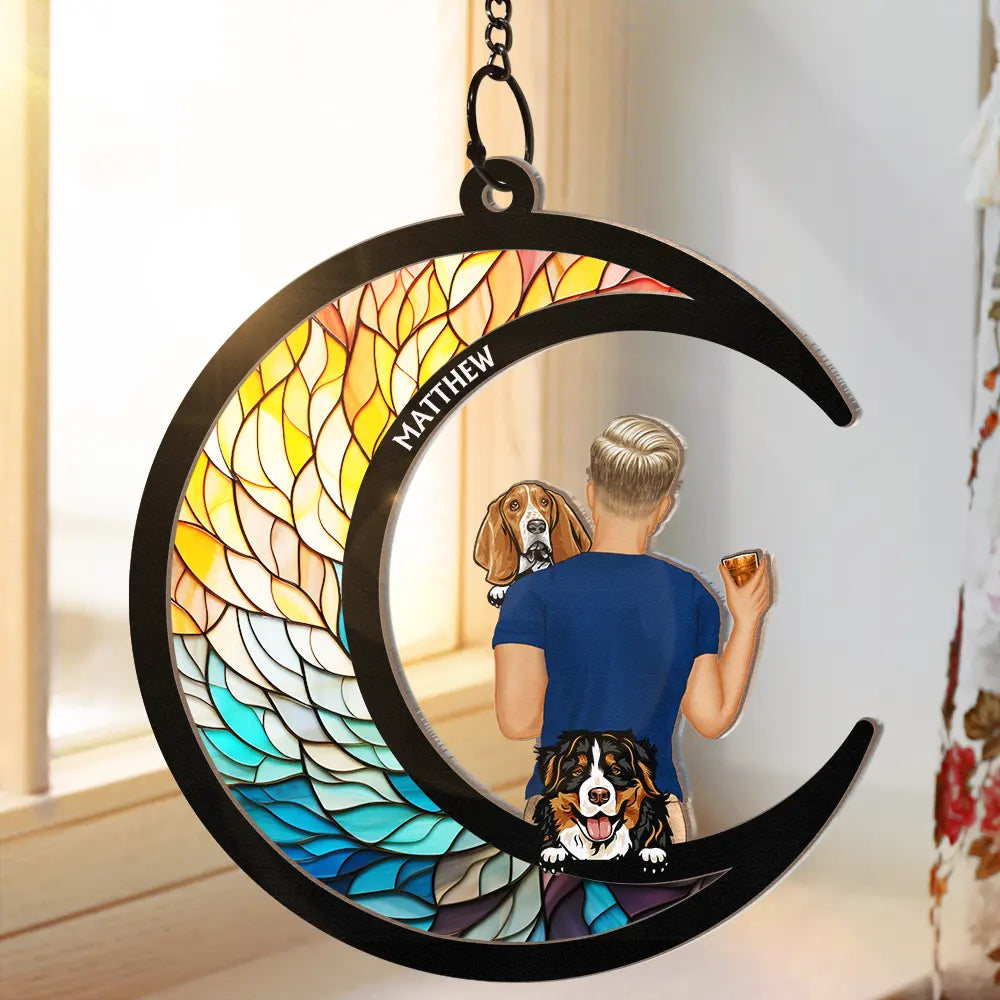 Dog Mom Dog Dad Moon - Personalized Window Hanging Suncatcher Ornament