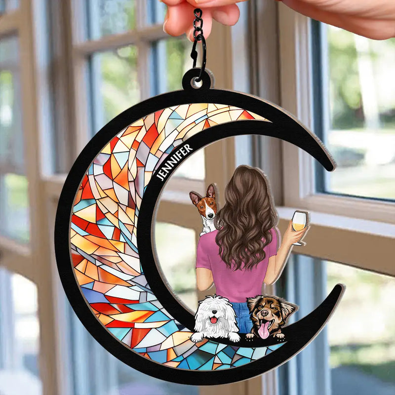 Dog Mom Dog Dad Moon - Personalized Window Hanging Suncatcher Ornament