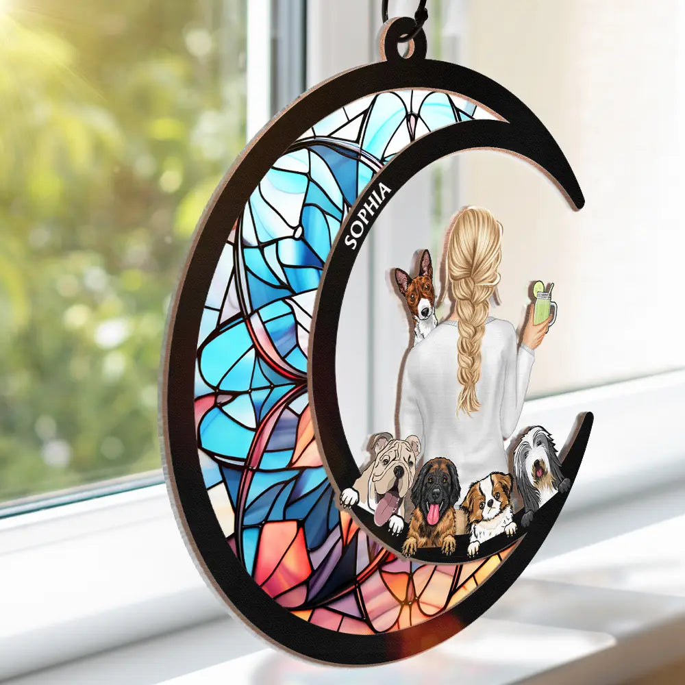Dog Mom Dog Dad Moon - Personalized Window Hanging Suncatcher Ornament