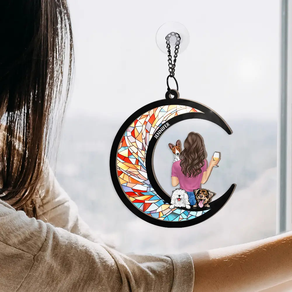 Dog Mom Dog Dad Moon - Personalized Window Hanging Suncatcher Ornament