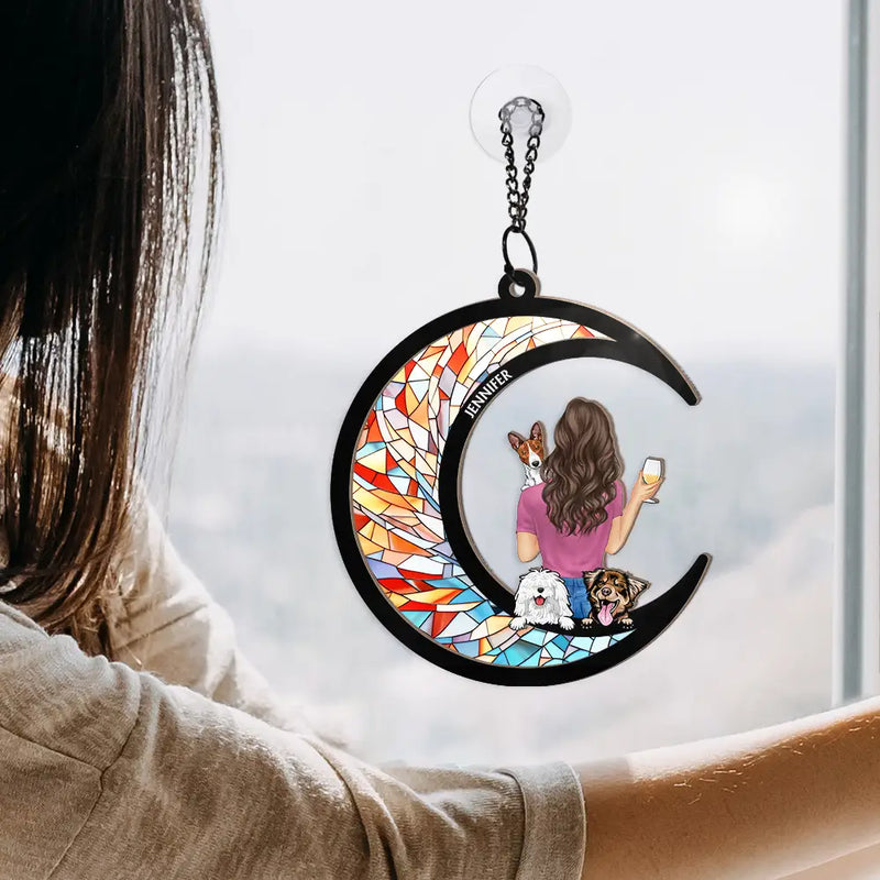 Dog Mom Dog Dad Moon - Personalized Window Hanging Suncatcher Ornament