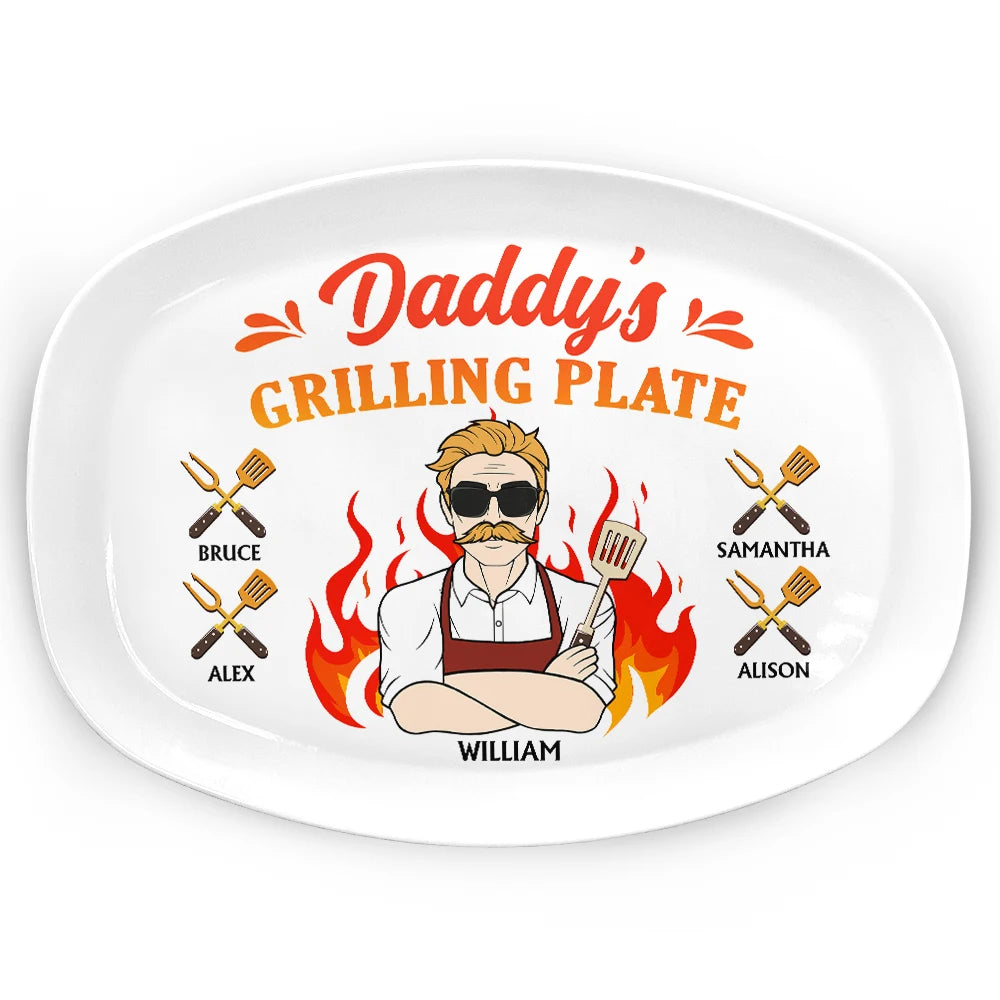 Daddy Grilling Plate Fire Cartoon - Personalized Plate