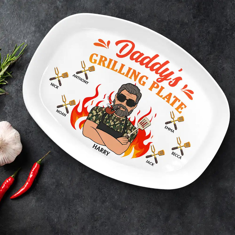 Daddy Grilling Plate Fire Cartoon - Personalized Plate