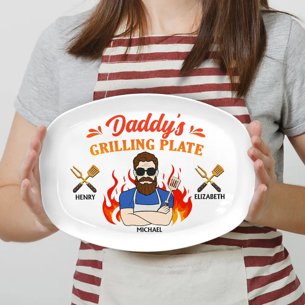 Daddy Grilling Plate Fire Cartoon - Personalized Plate