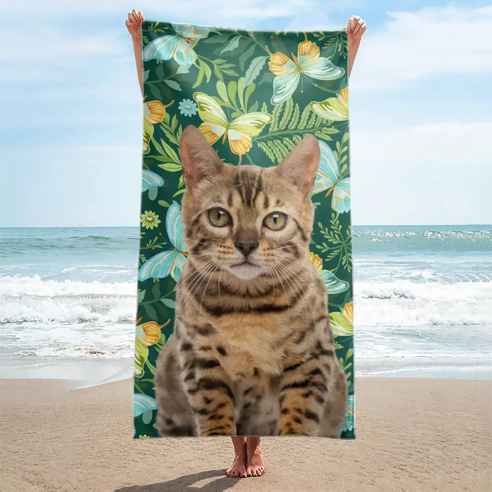 Custom Photo Tropical Leaves Pet Face - Personalized Beach Towel