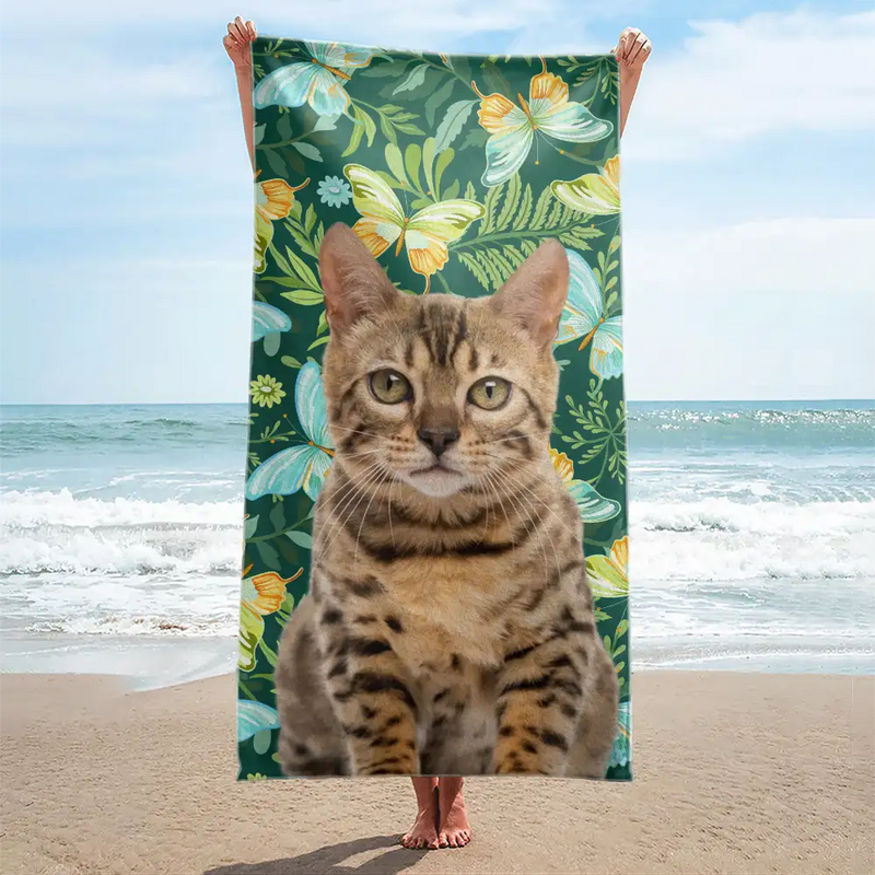 Custom Photo Tropical Leaves Pet Face - Personalized Beach Towel