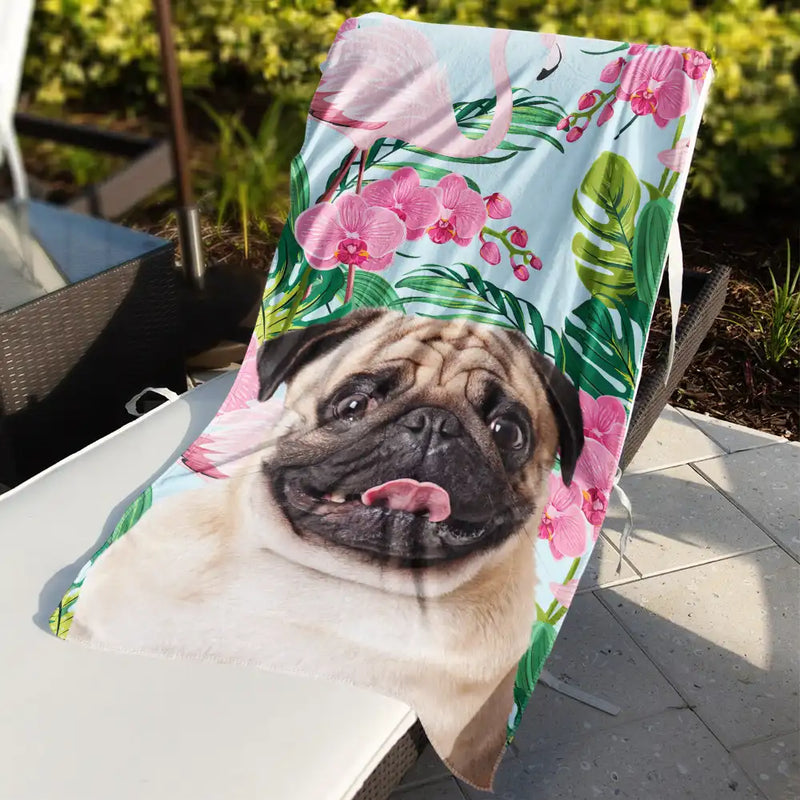 Custom Photo Tropical Leaves Pet Face - Personalized Beach Towel