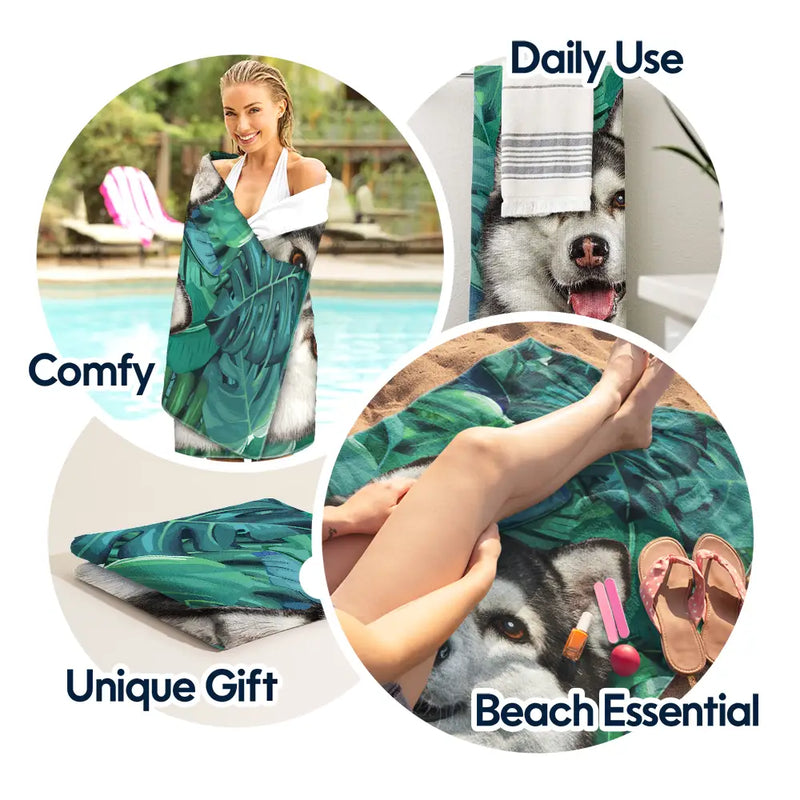 Custom Photo Tropical Leaves Pet Face - Personalized Beach Towel