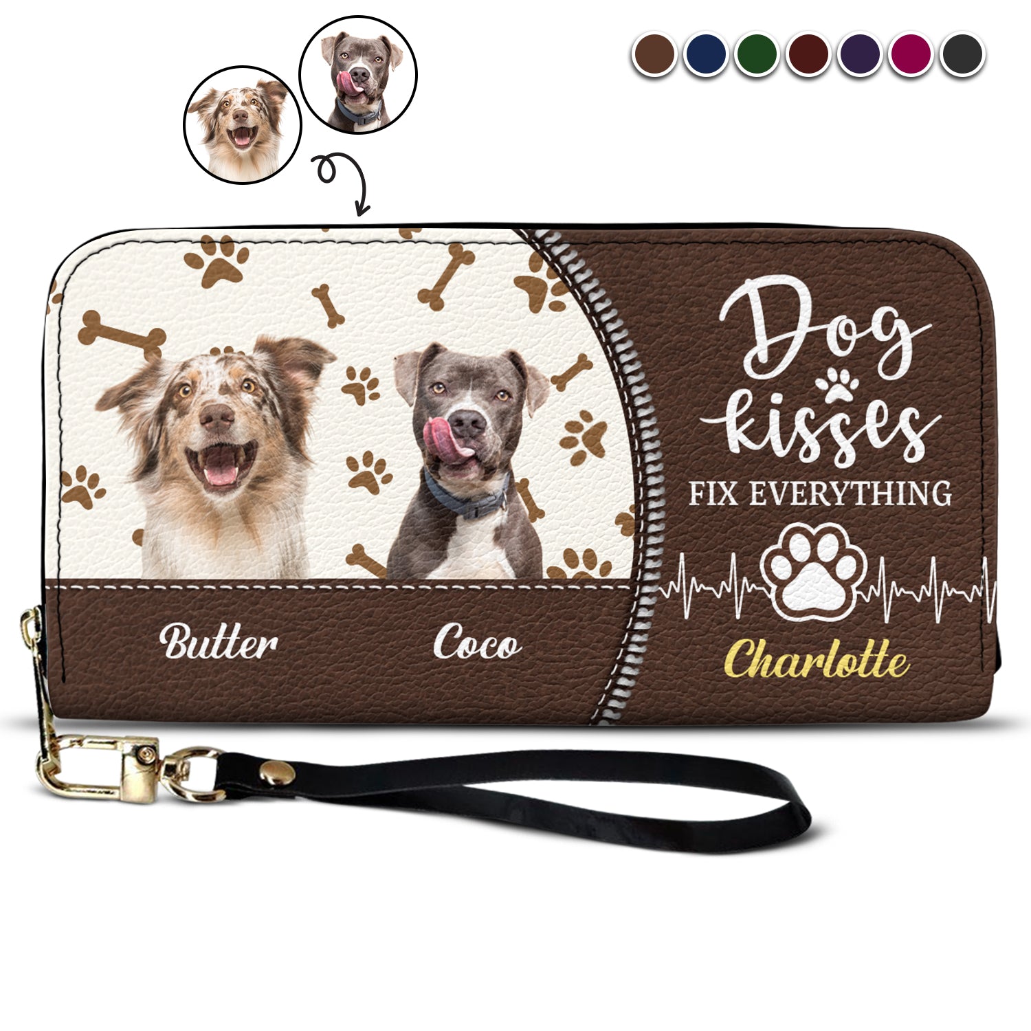 Custom Photo Dog Kisses Fix Everything - Gift For Dog Lovers - Personalized Leather Long Wallet