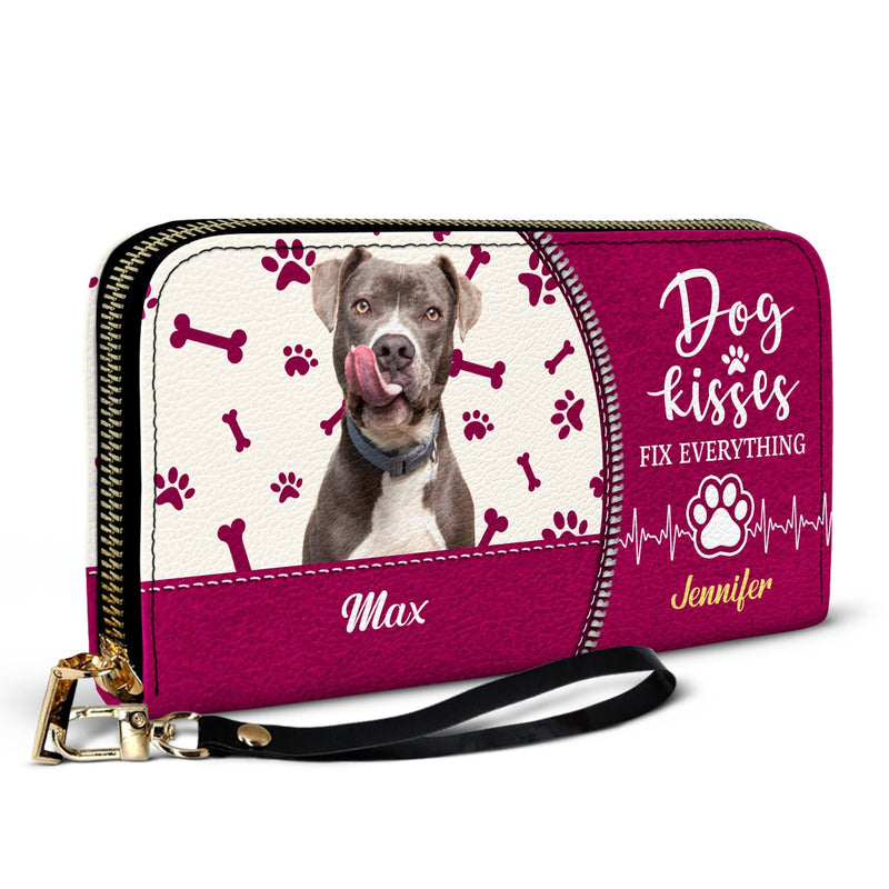 Custom Photo Dog Kisses Fix Everything - Gift For Dog Lovers - Personalized Leather Long Wallet