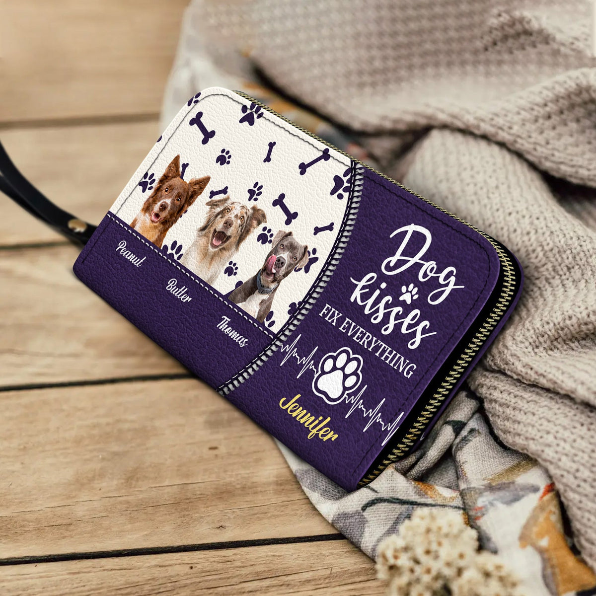 Bisous de chien personnalisés pour tout arranger - Cadeau pour les amoureux des chiens - Portefeuille long en cuir personnalisé