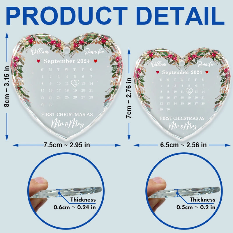 Christmas,Gift For Couples,Happy,Gift For Husband,Gift For Wife,Gift For Boyfriend - Christmas Calendar First Christmas Couple - Personalized Heart Shaped Glass Ornament