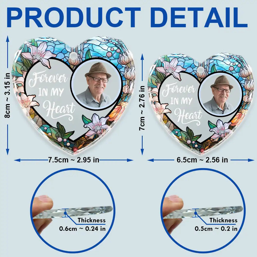 Memorial,Custom Photo,Sad,Christmas,Gift For Husband,Gift For Wife,Gift For Grandma,Gift For Mother,Gift For Father,Gift For Grandpa,Gift For Grandparents,Parents,Gift For Daughter,Gift For Son,Gift For Sibling,Gift For Sisters,Gift For Brothers,Family - Custom Photo Floral Forever In Our Hearts - Personalized Heart Shaped Glass Ornament