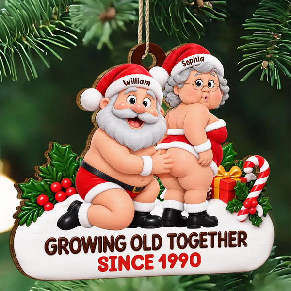 Anniversary,Christmas,Gift For Couples,Humorous,Old Couples,Top Market,Vector - Funny Anniversary Gift For Couples - Personalized Santa Claus Growing Old Together Wooden Ornament