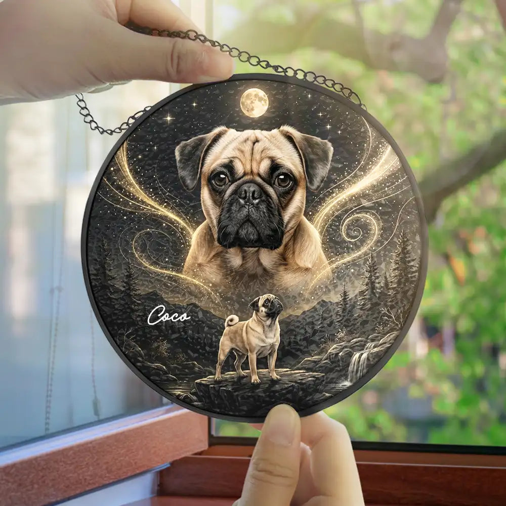 Art Design,Custom Photo,Healing,Indoor Decor,Memorial,Pet Lovers,Pet Memorial,Photo - Moon Pet  - Dog Memorial Gift For Pet Loss - Personalized Custom Photo Moonlight Night Sky Portrait Stained Glass Window Hanging Suncatcher