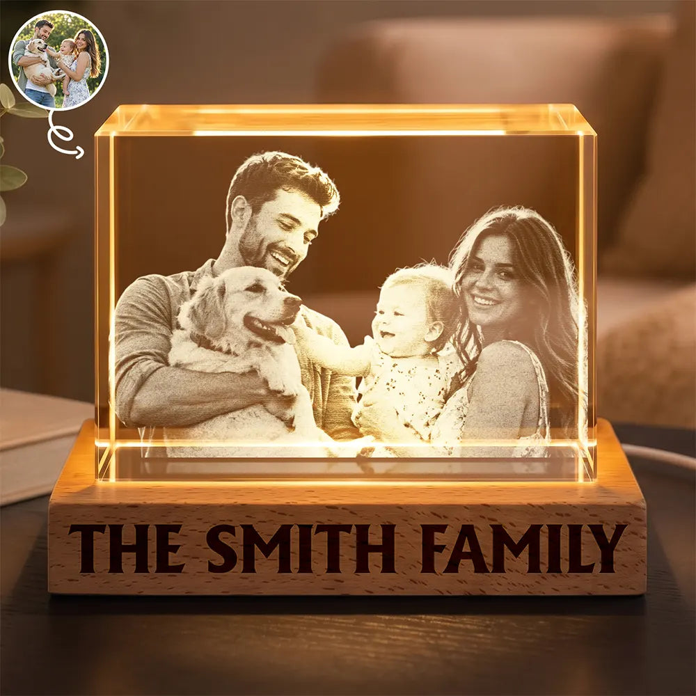 Couple With Pet, Dog Mom, Cat Dad, New Baby - Personalized Custom Photo First Year As A Family Of Four Crystal Cube Lamp