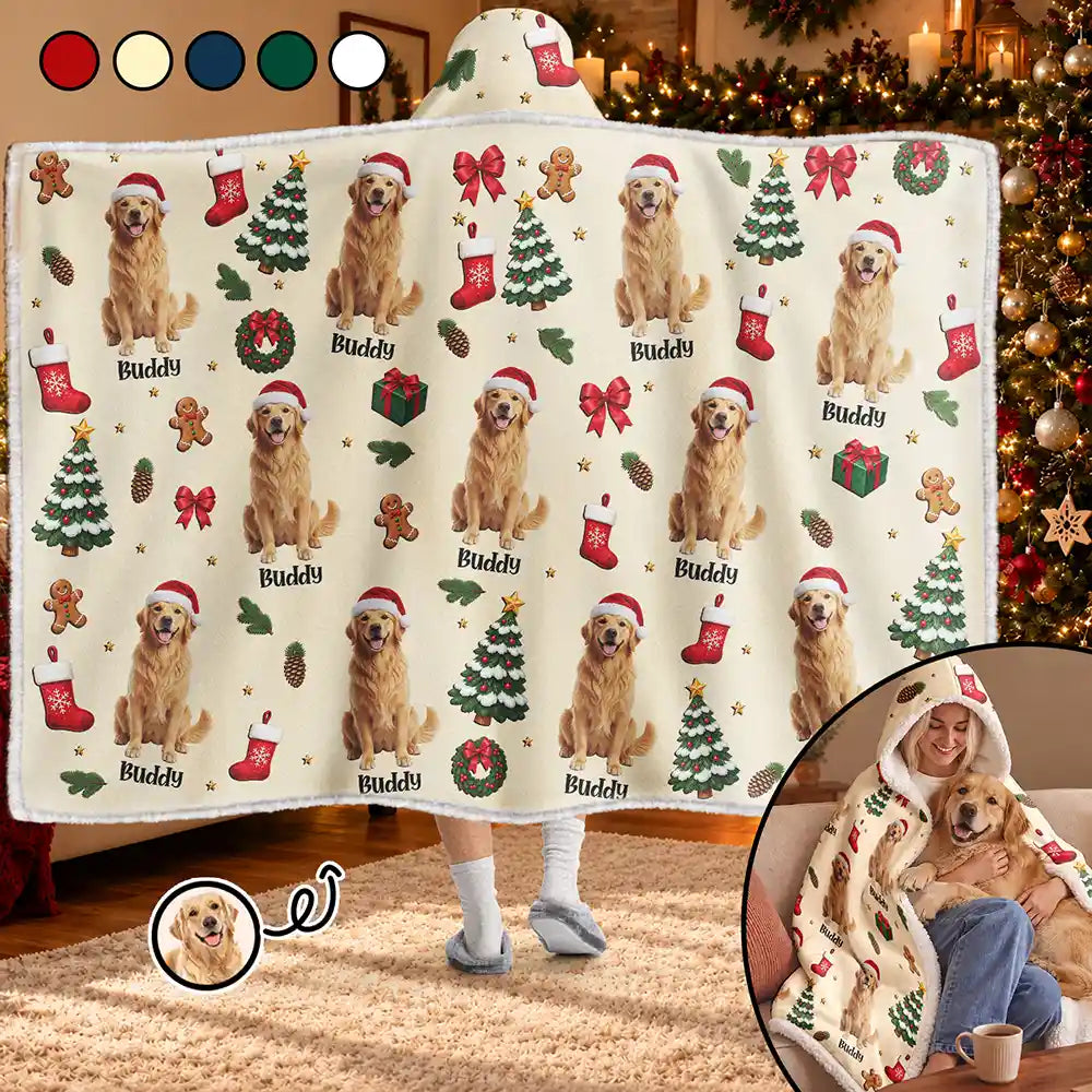 Art Design,Christmas,Custom Photo,Happy,Pet Lovers,Photo - Christmas Accessories 3D Cartoon Pet - Christmas Gift For Pet Mom - Personalized Custom Photo Pet Name Festive Pattern Wearable Hooded Blanket
