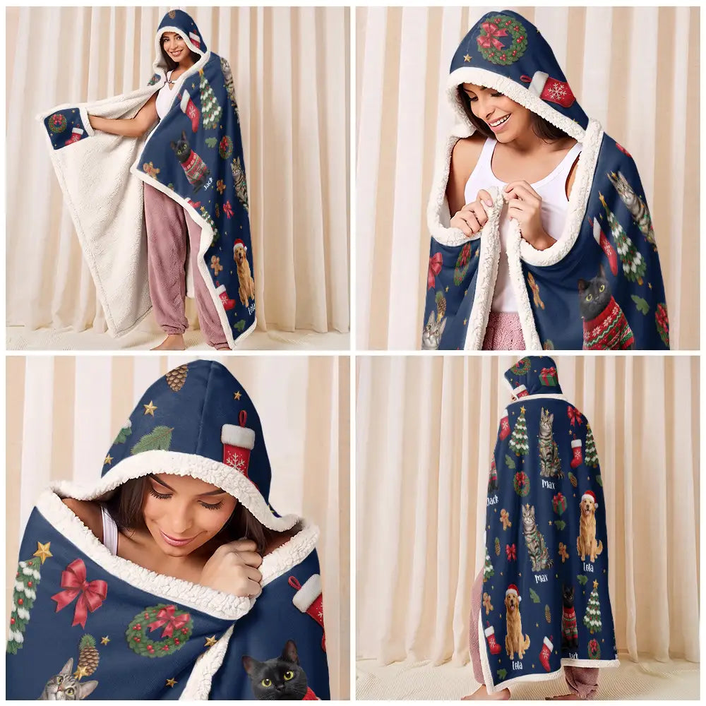 Art Design,Christmas,Custom Photo,Happy,Pet Lovers,Photo - Christmas Accessories 3D Cartoon Pet - Christmas Gift For Pet Mom - Personalized Custom Photo Pet Name Festive Pattern Wearable Hooded Blanket