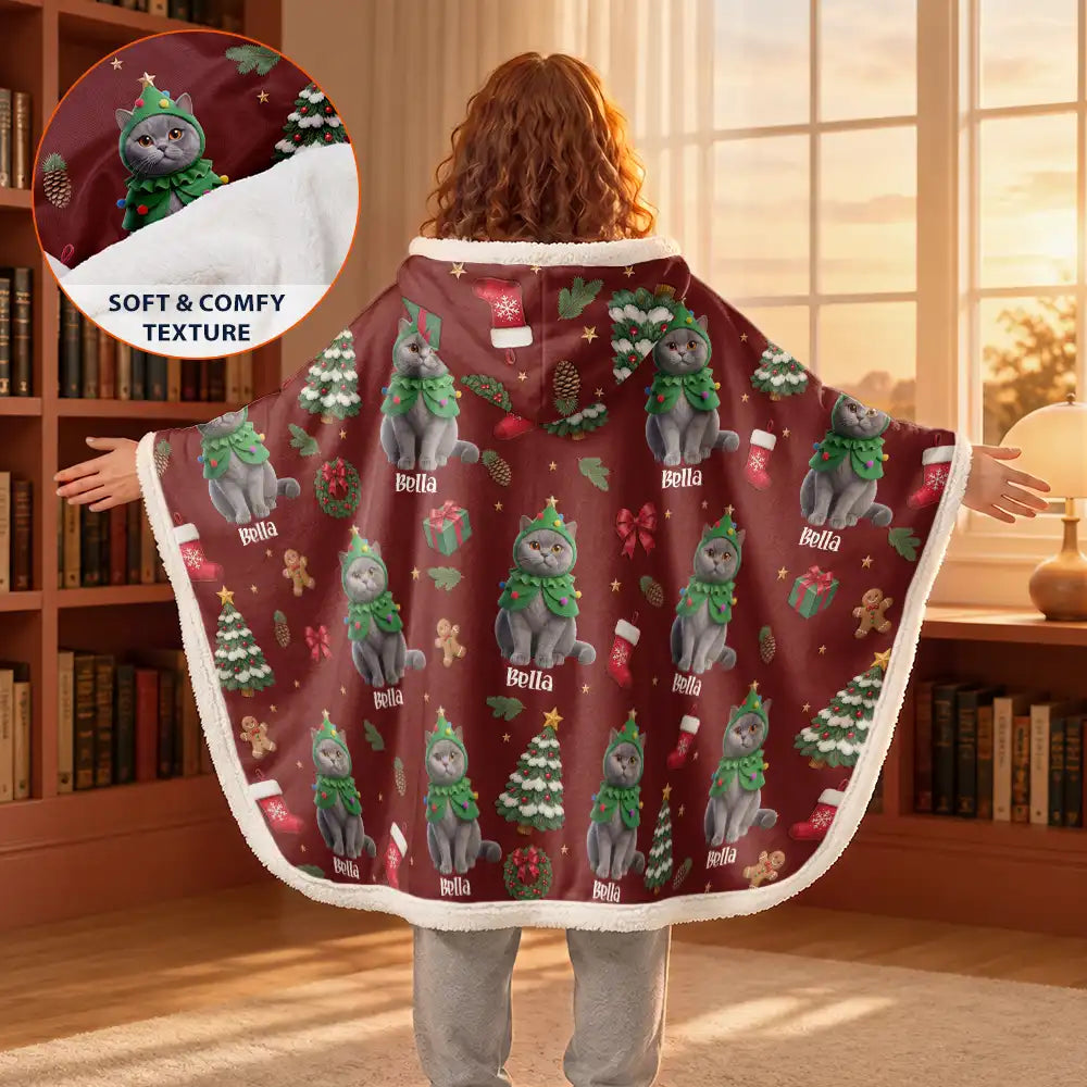 Art Design,Christmas,Custom Photo,Happy,Pet Lovers,Photo - Christmas Accessories 3D Cartoon Pet - Christmas Gift For Pet Mom - Personalized Custom Photo Pet Name Festive Pattern Wearable Hooded Blanket