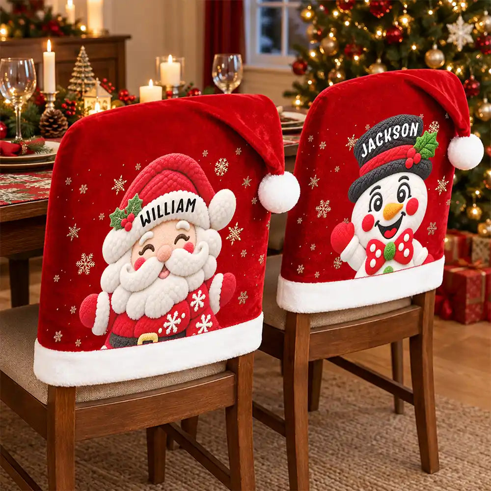 Christmas,Family,Happy,Icon - Christmas Table Decor Gift For Family - Personalized Faux Chenille Effect Santa Snowman Reindeer Chair Cover