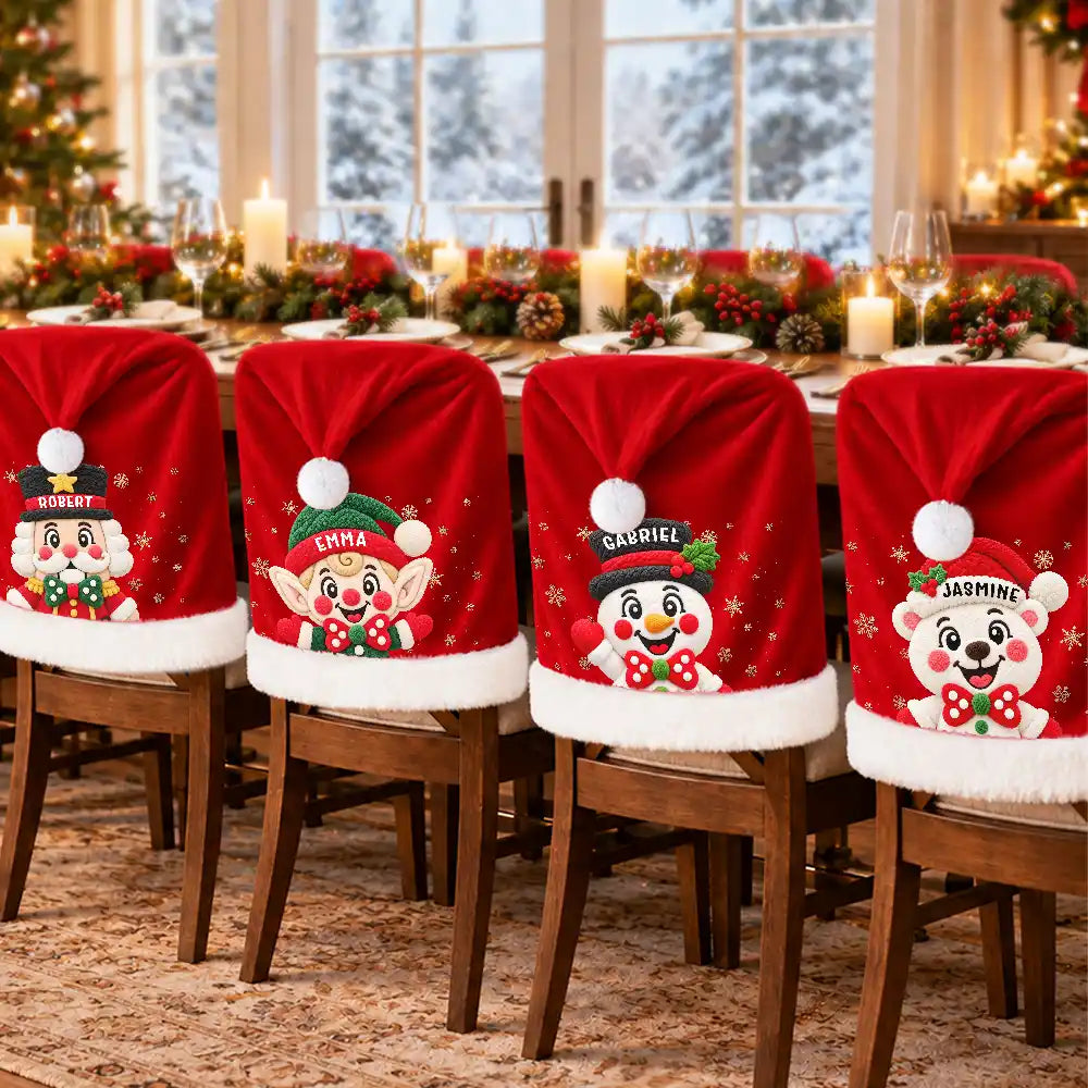 Christmas,Family,Happy,Icon - Christmas Table Decor Gift For Family - Personalized Faux Chenille Effect Santa Snowman Reindeer Chair Cover