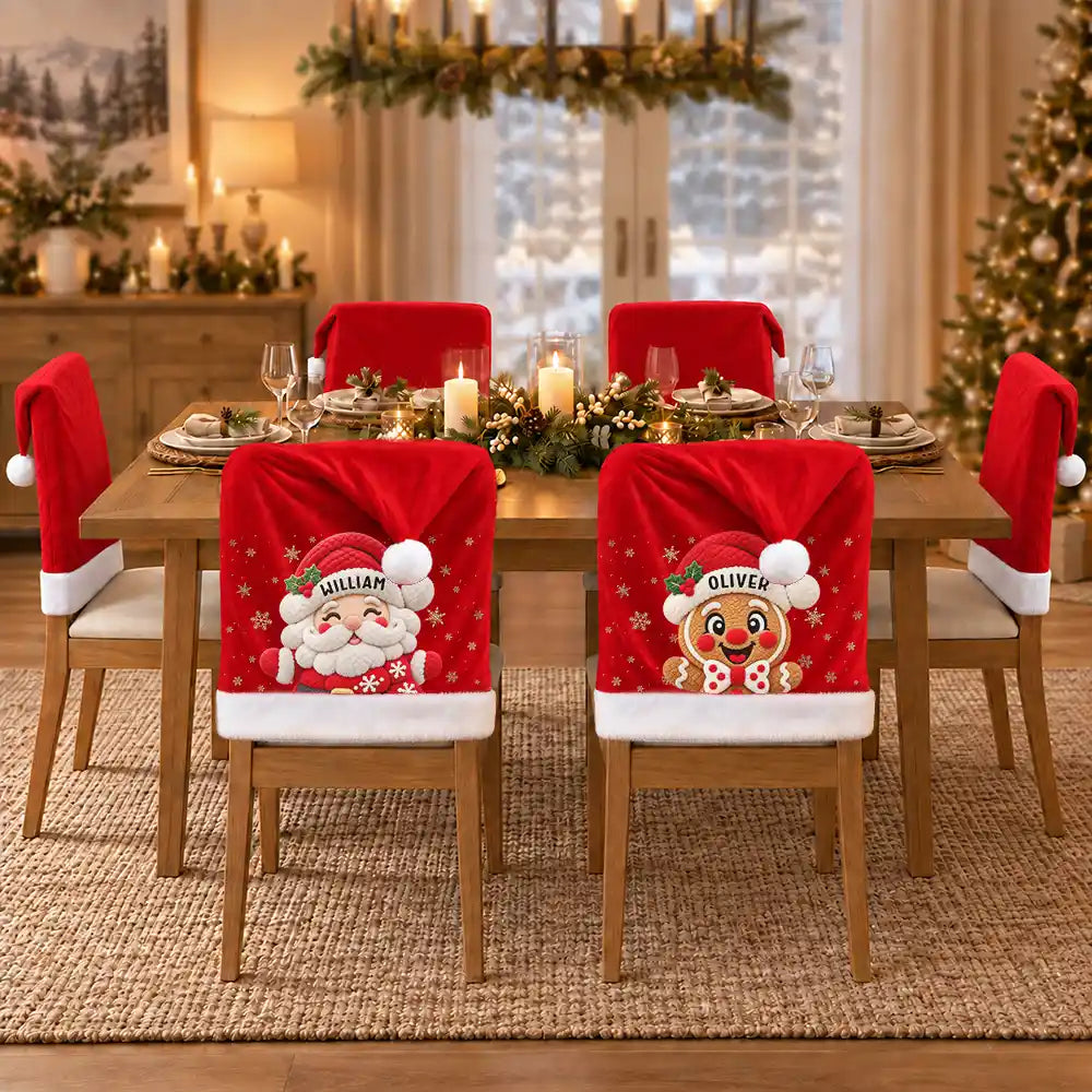 Christmas,Family,Happy,Icon - Christmas Table Decor Gift For Family - Personalized Faux Chenille Effect Santa Snowman Reindeer Chair Cover
