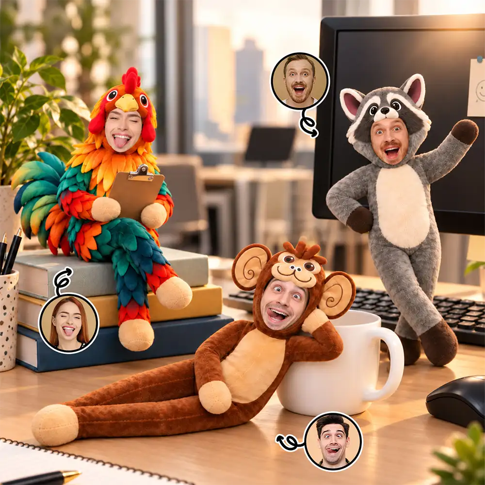 Custom Photo,Cut-Face Photo,Gift For Colleagues,Humorous - Funny Friendship Gift For Coworker, Work Bestie, Best Friend - Personalized Custom Photo Face Monkey Chicken Raccoon Duck Donkey Poseable Plush Doll