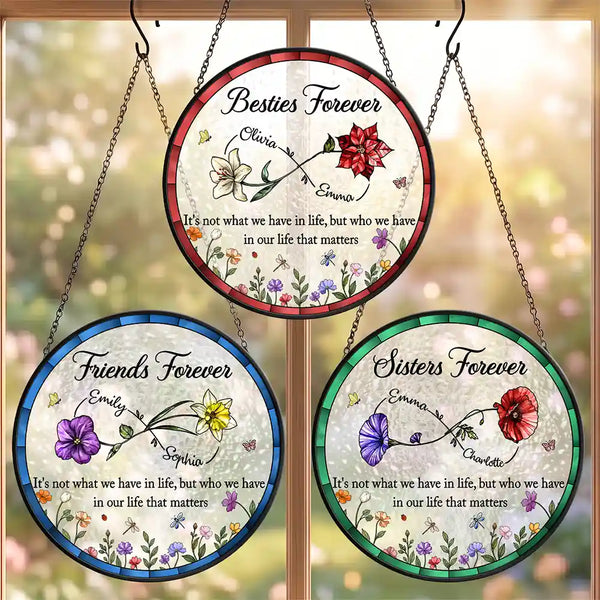Afro Besties,Christmas,Gift For Bestie,Sentimental,Vector - Gift For Best Friend - Personalized Infinity Birth Month Flower Stained Glass Window Hanging Suncatcher