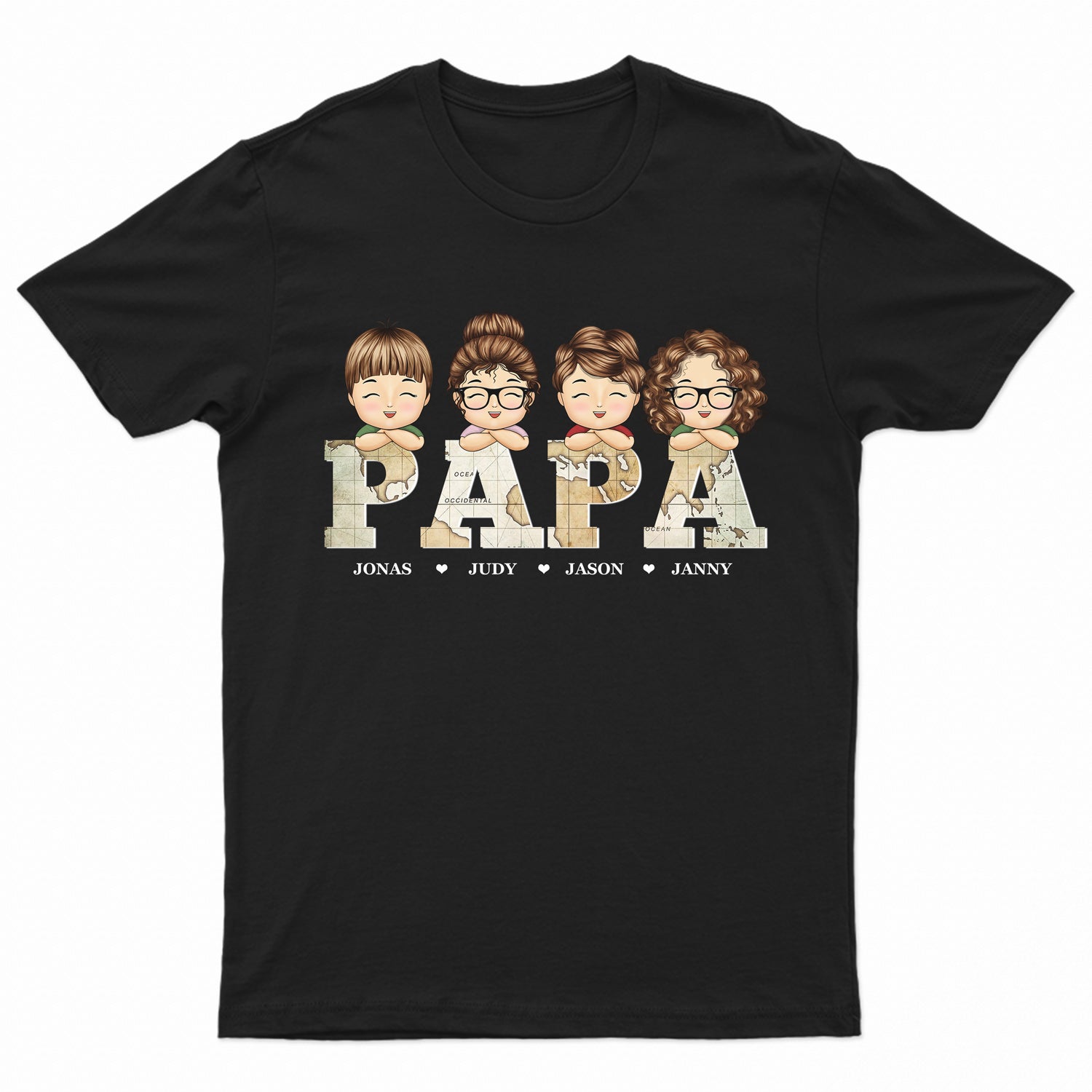 Vintage Map Papa Title - Up To 20 Kids - Birthday, Loving Gift For Dad, Father, Papa, Grandpa, Grandfather - Personalized Custom T Shirt