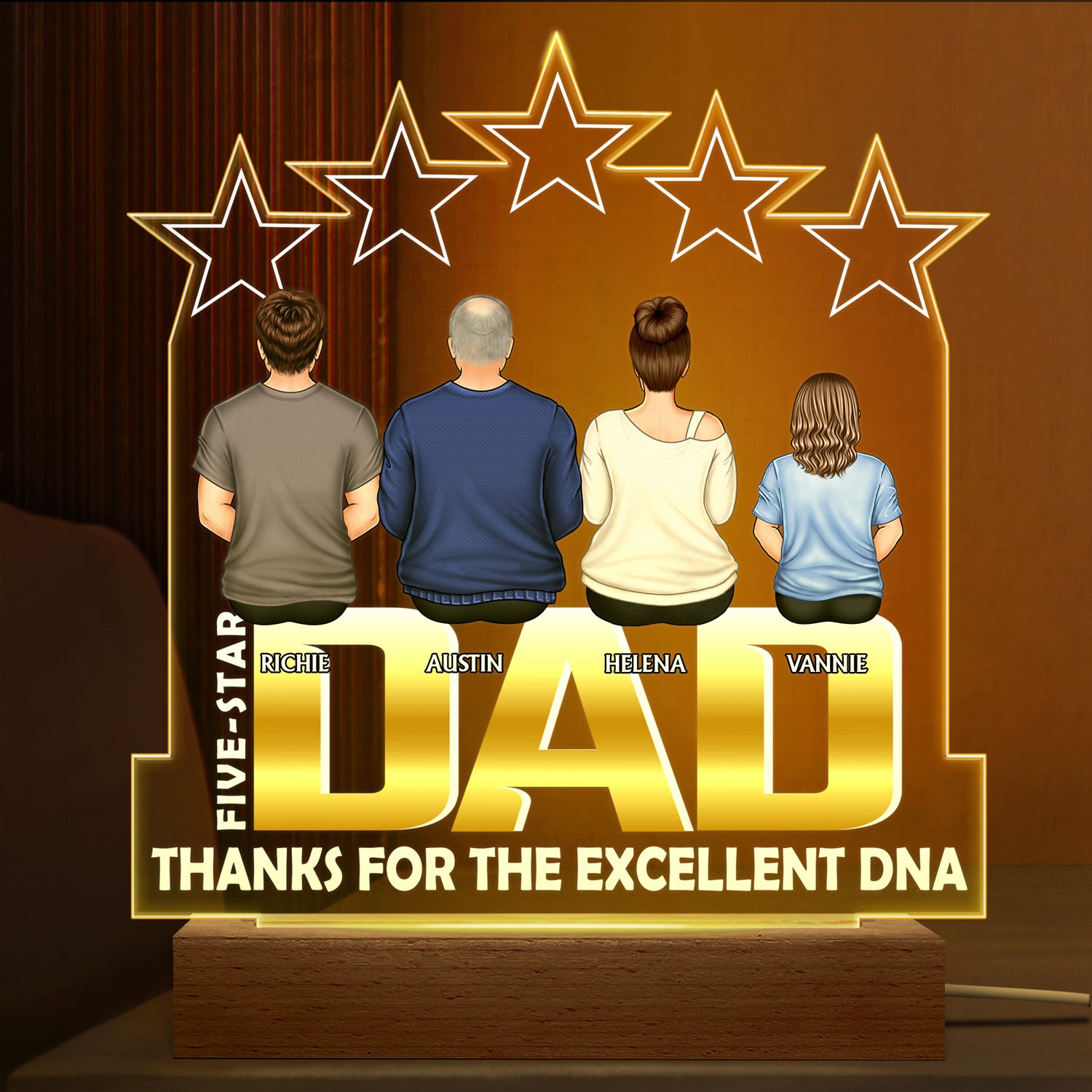 Five-Star Dad Thanks For The Excellent DNA - Birthday, Loving Gift For Father, Grandpa, Grandfather - Personalized Custom 3D Led Light Wooden Base