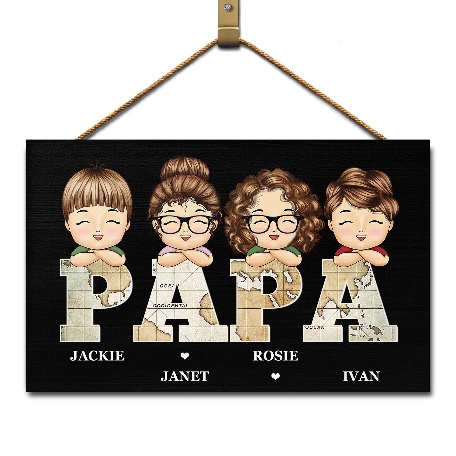 Vintage Map Papa Title - Birthday, Loving Gift For Dad, Father, Papa, Grandpa, Grandfather - Personalized Custom Wood Rectangle Sign