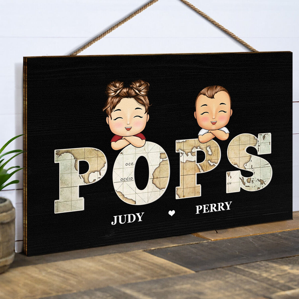 Vintage Map Papa Title - Birthday, Loving Gift For Dad, Father, Papa, Grandpa, Grandfather - Personalized Custom Wood Rectangle Sign