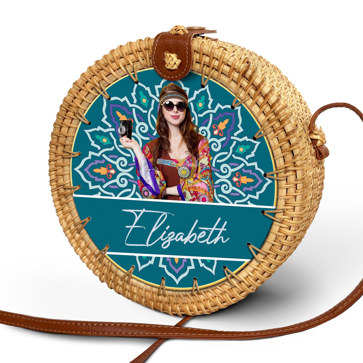 Custom Photo Mandala Hippie Girl - Gift For Her, Travel Lovers - Personalized Custom Round Rattan Bag
