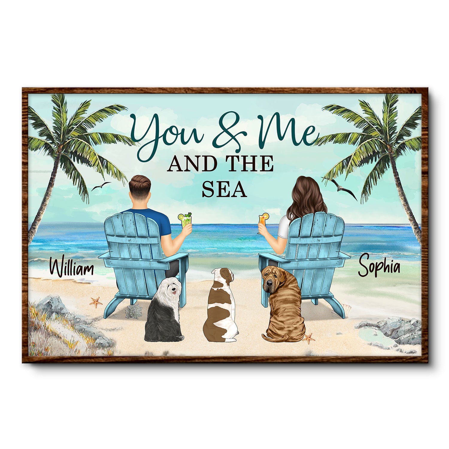 You & Me And The Sea And Dogs Back View Couple Sitting Beach Landscape - Birthday, Anniversary Gift For Husband, Wife, Parents, Dog Lovers - Personalized Poster