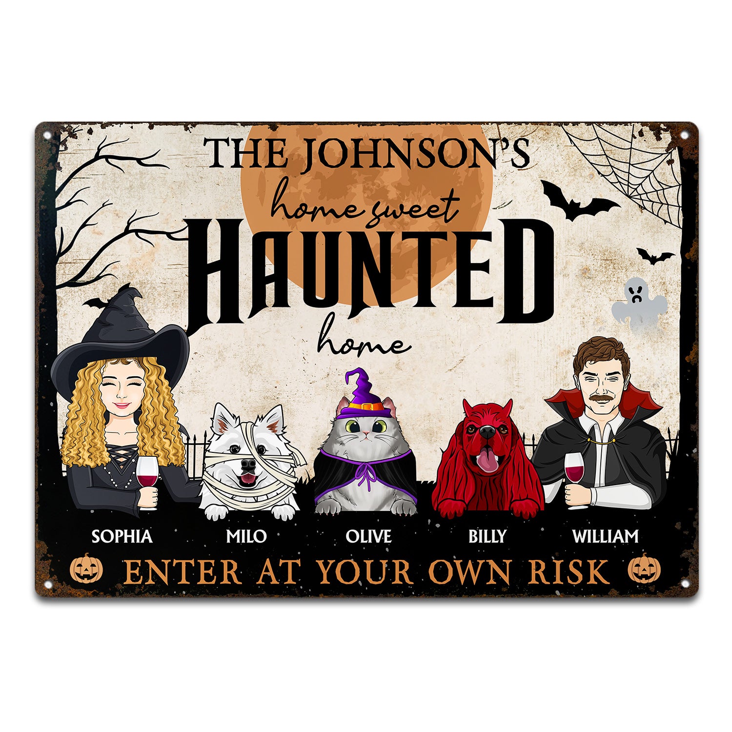 Home Haunted Home Enter At Your Own Risk - Halloween, Birthday, Home Warming, Funny Gift For Couples, Dog, Cat Lovers - Personalized Classic Metal Signs