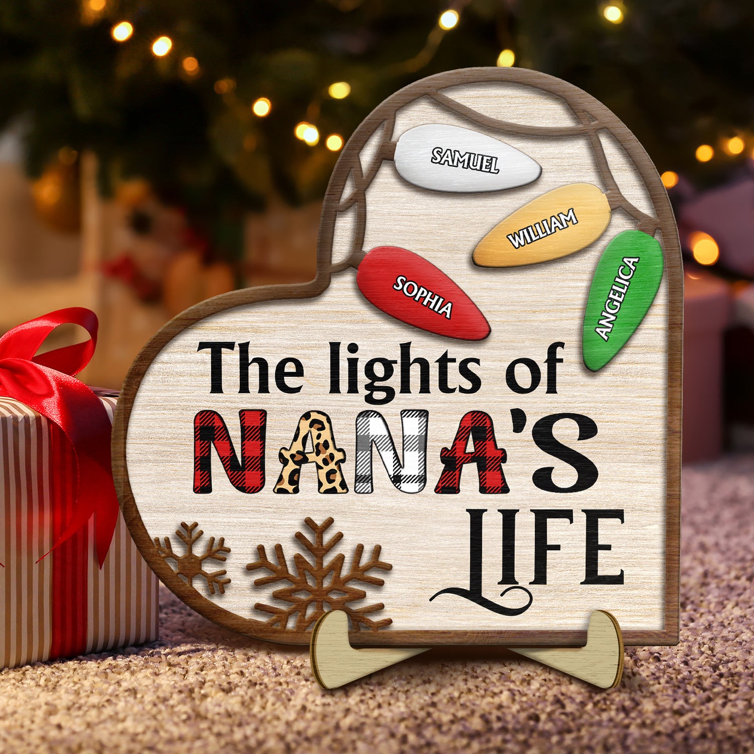 The Lights Of Nana's Life - Christmas Gift For Grandma, Mom - Personalized 2-Layered Wooden Plaque With Stand