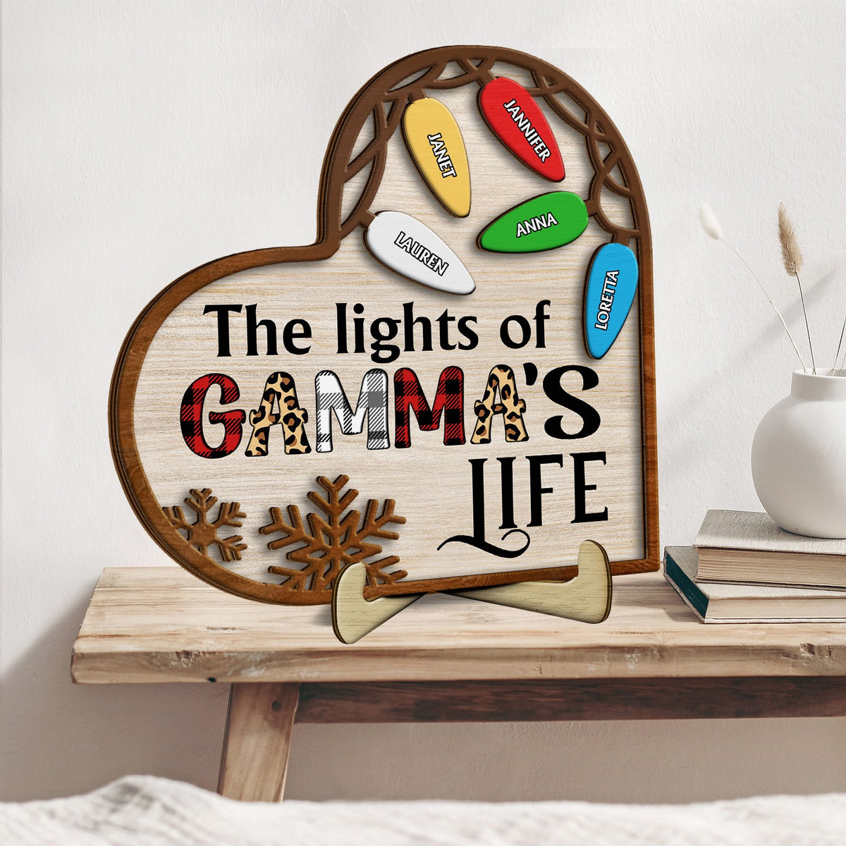 The Lights Of Nana's Life - Christmas Gift For Grandma, Mom - Personalized 2-Layered Wooden Plaque With Stand