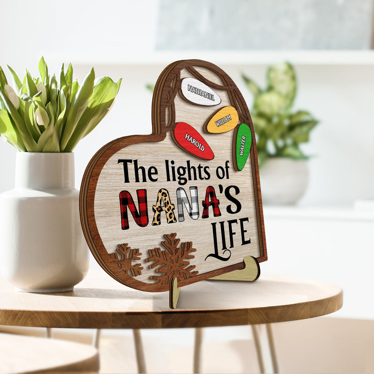 The Lights Of Nana's Life - Christmas Gift For Grandma, Mom - Personalized 2-Layered Wooden Plaque With Stand